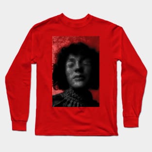 Portrait, digital collage and special processing. Woman with closed eyes. Mystic and beautiful.  Red and gray. Glow. Long Sleeve T-Shirt